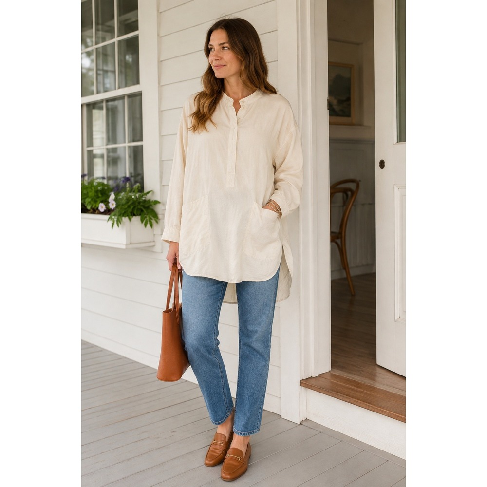 J.Crew Silk Linen Blend Band Collar Henley Tunic Shirt Cream XL Pockets